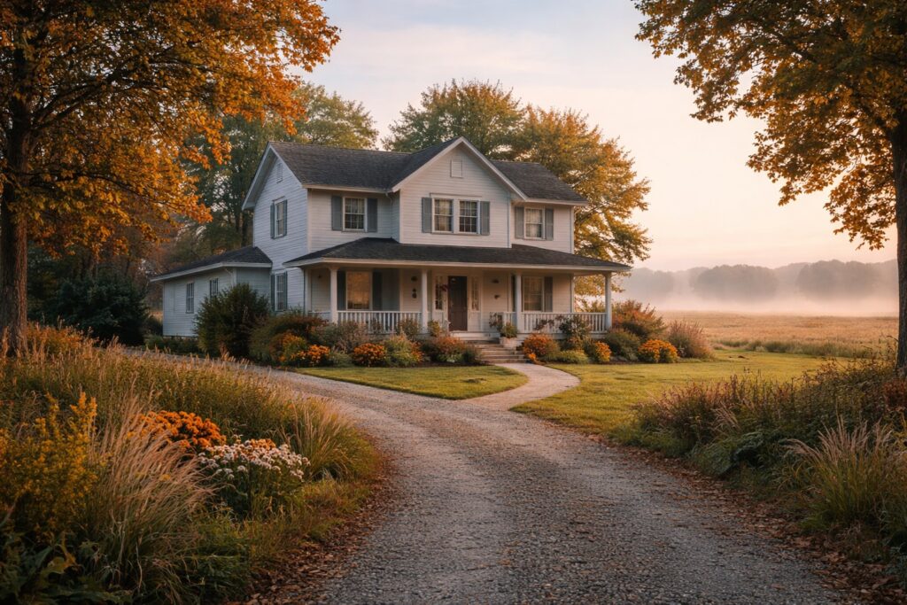 Emergency Contractor Directory Rural Kansas focus keyword hero image showing a two-story 1980s rural Kansas farmhouse with gravel driveway and open eastern Kansas fields, representing fast emergency home service contractors by ZIP code.