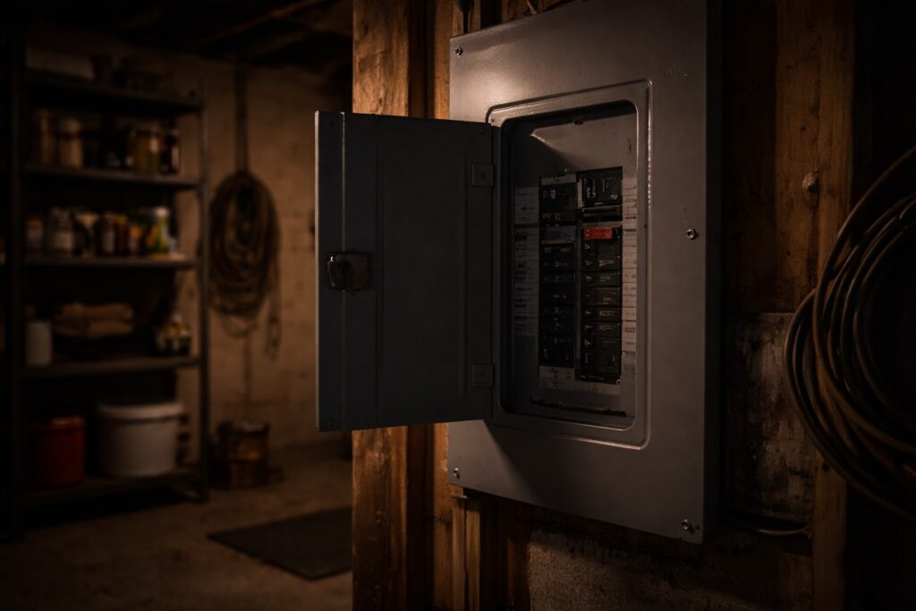 Electrical breaker panel in a rural Kansas home with a tripped breaker