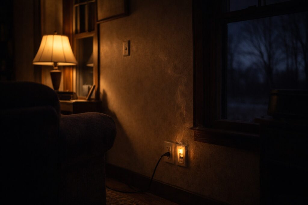 Burning smell warning inside a rural Kansas home near an electrical outlet