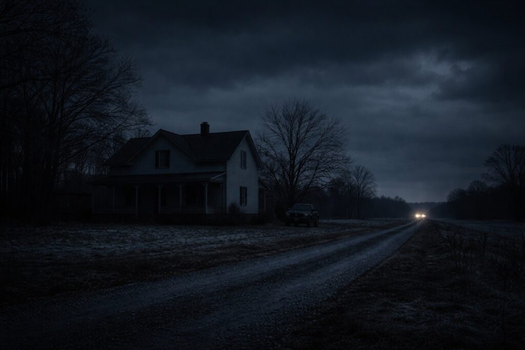 Rural Kansas farmhouse at night during an extended power outage