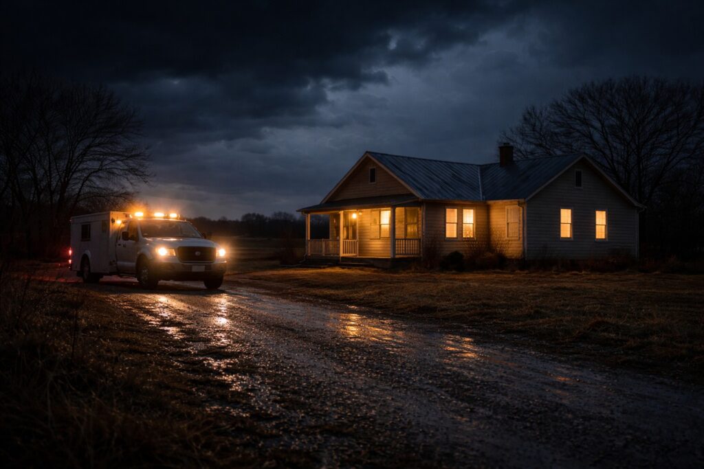 Rural Kansas home with service truck responding to a home emergency at night